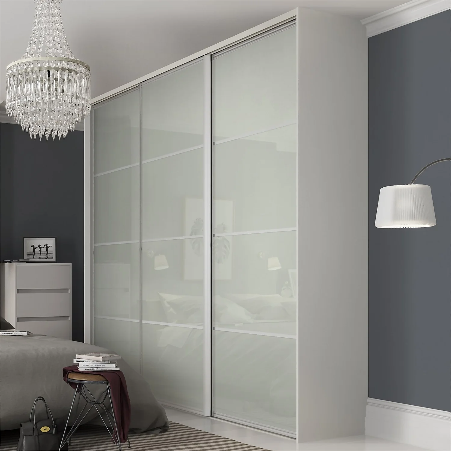 Ellipse Sliding Wardrobe Door 4 Panel Arctic White Glass With Aluminium Frame (W)914mm - Image 2