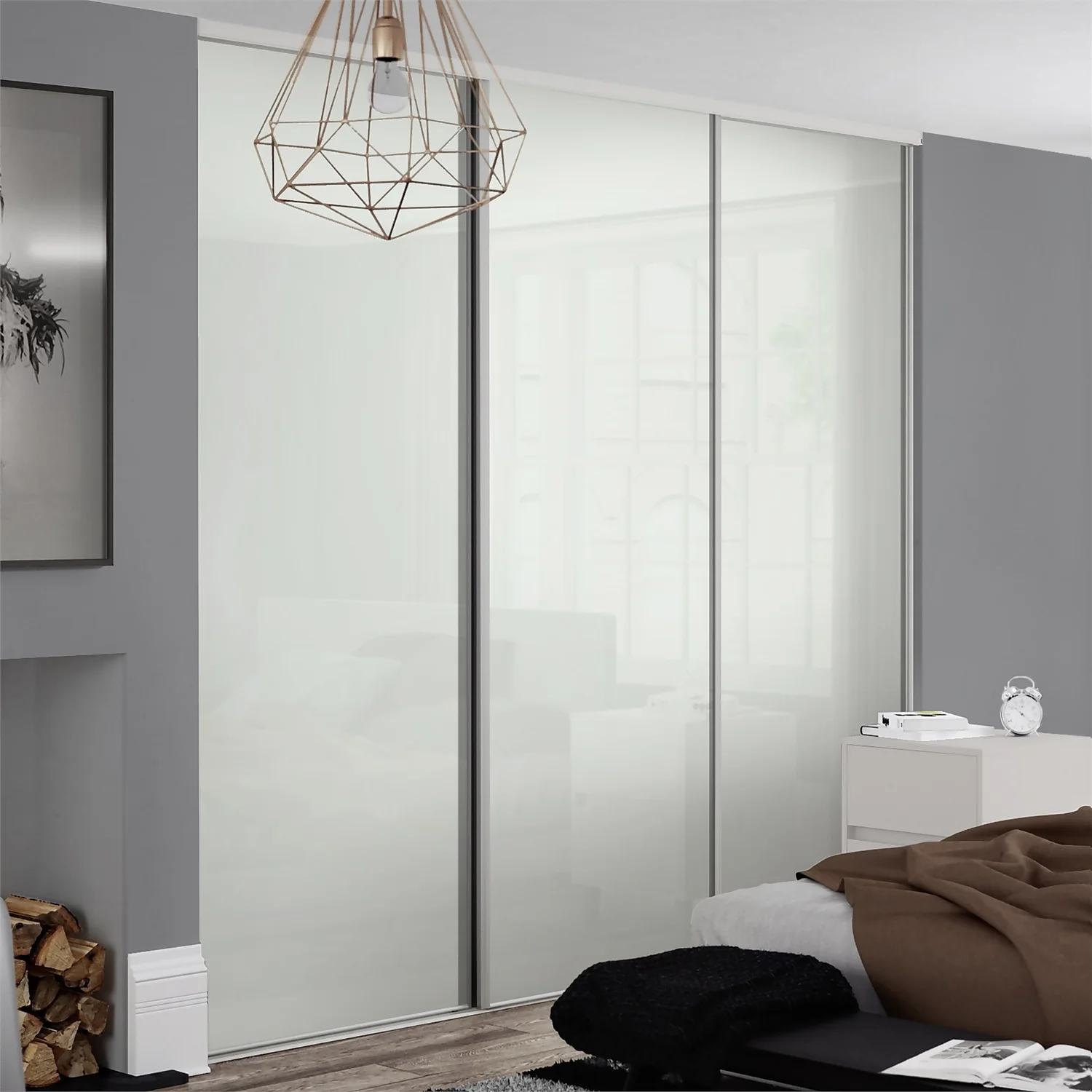 Classic Sliding Wardrobe Door Arctic White Glass With Silver Frame (W)610mm - Image 2