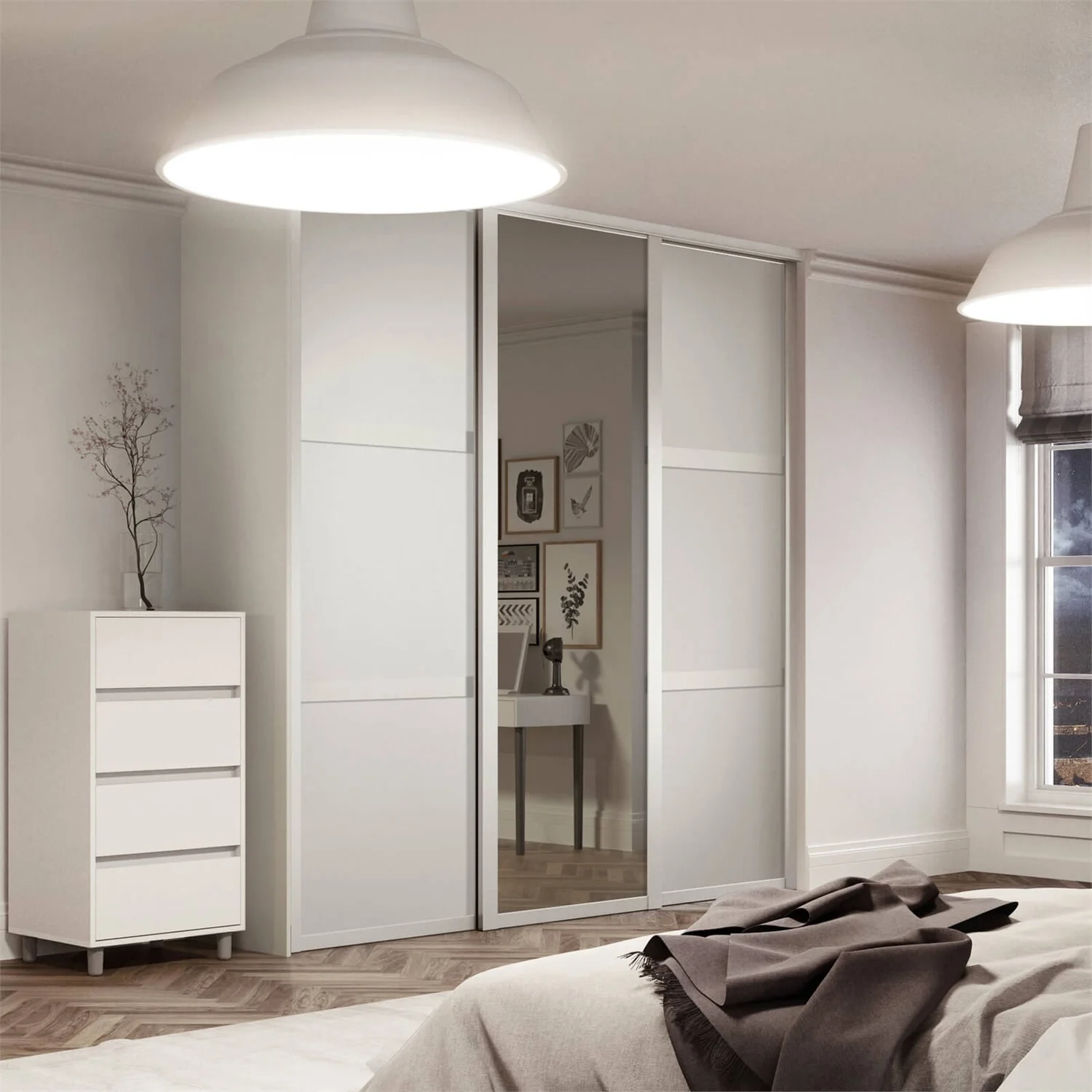 Shaker 3 Door Sliding Wardrobe Kit White Panel / Mirror With White Frame (W)2592 X (H)2260mm - Image 2