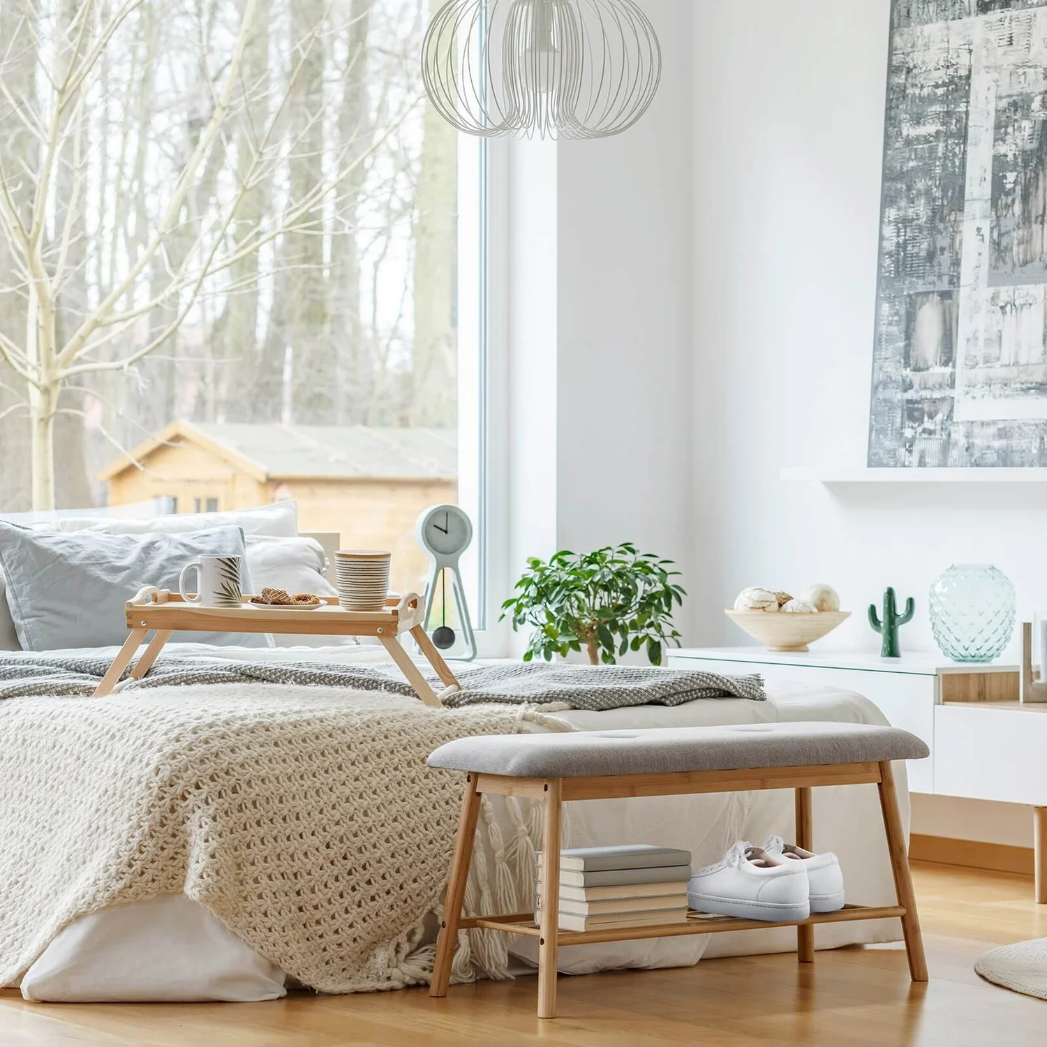 Bamboo Shoe Bench With Grey Cushion Seat - Image 2