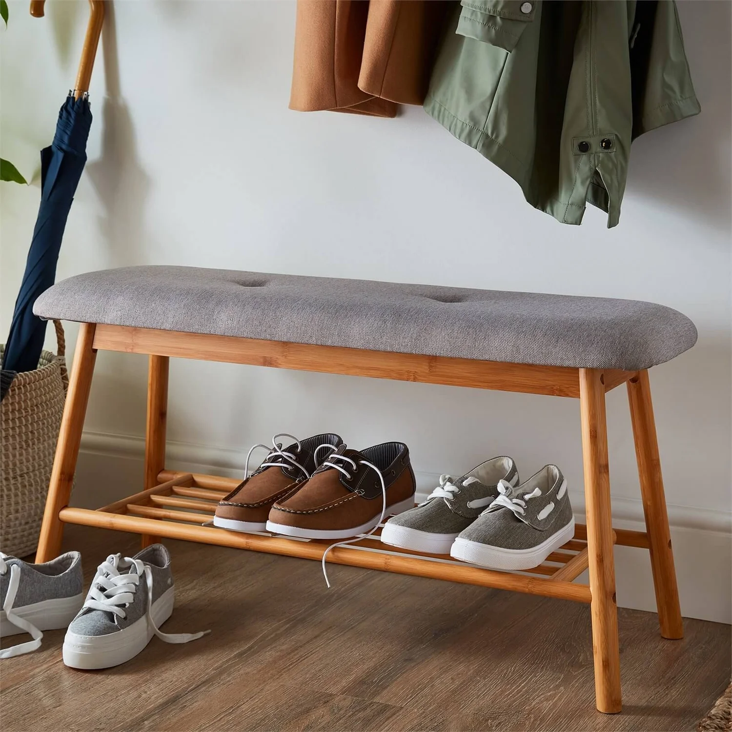 Bamboo Shoe Bench With Grey Cushion Seat - Image 3