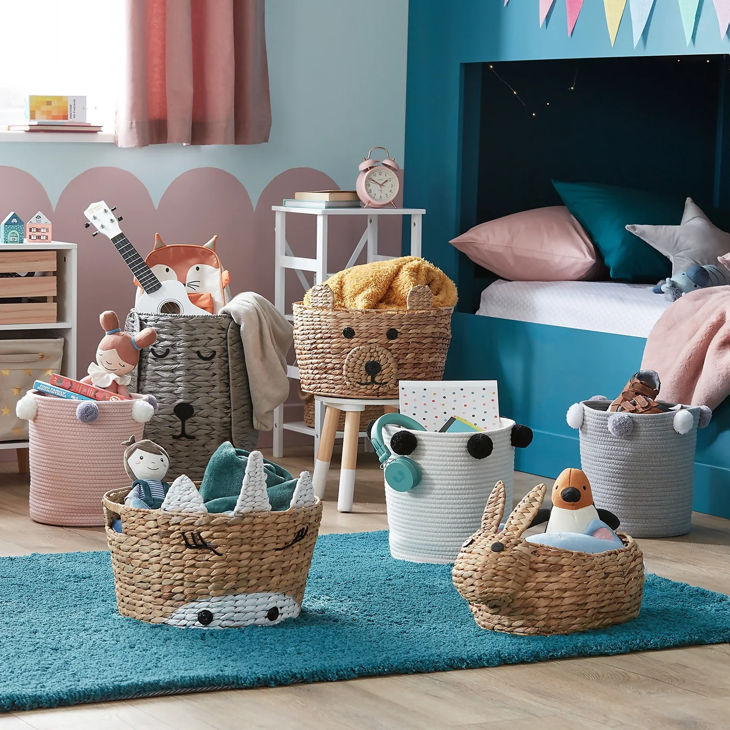 Round Cotton Rope Blush Pom Pom Basket - Image 2