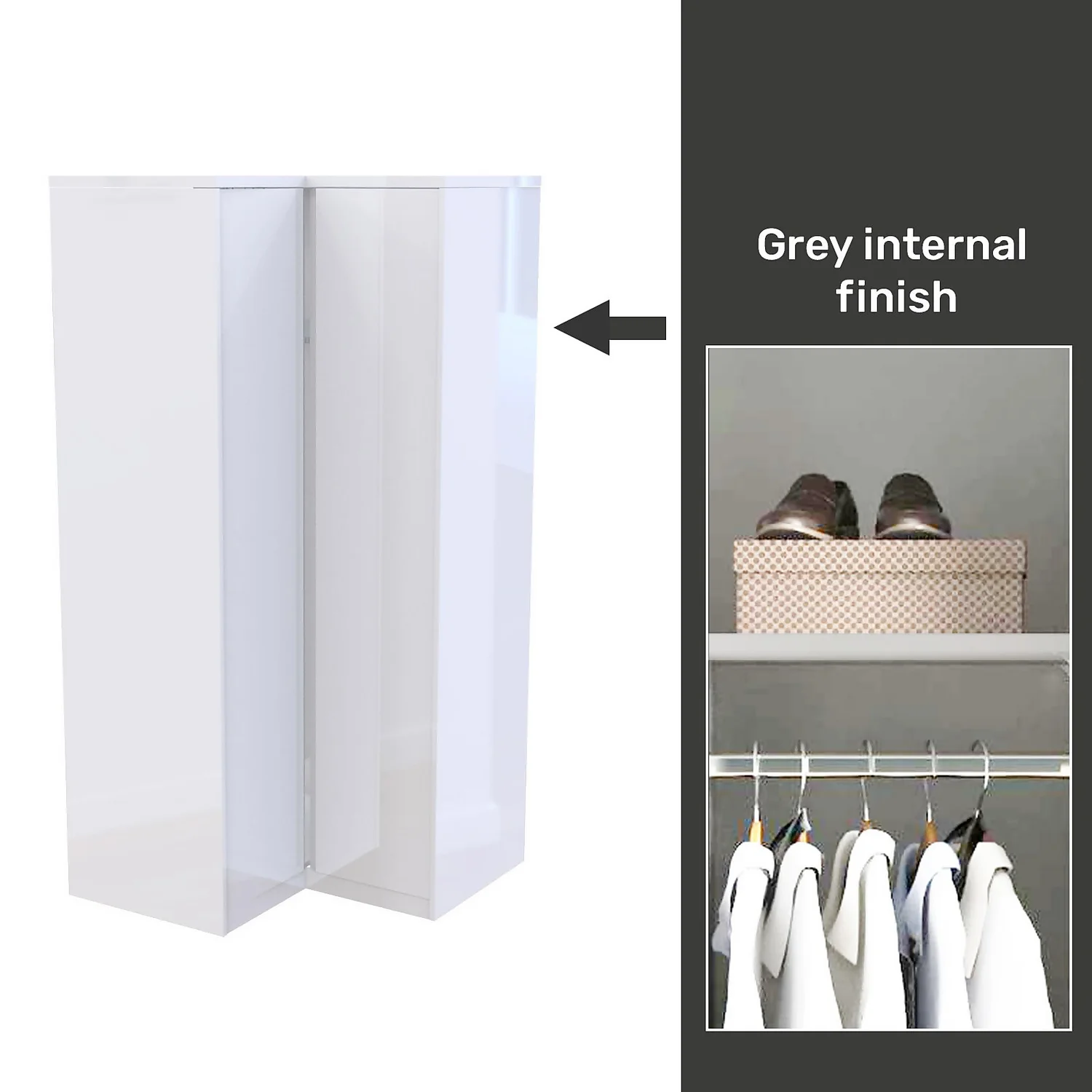 House Beautiful Escape Fitted Look Corner Wardrobe, Grey Carcass - Gloss White Handleless Doors (W) 1073mm X (H) 2226mm