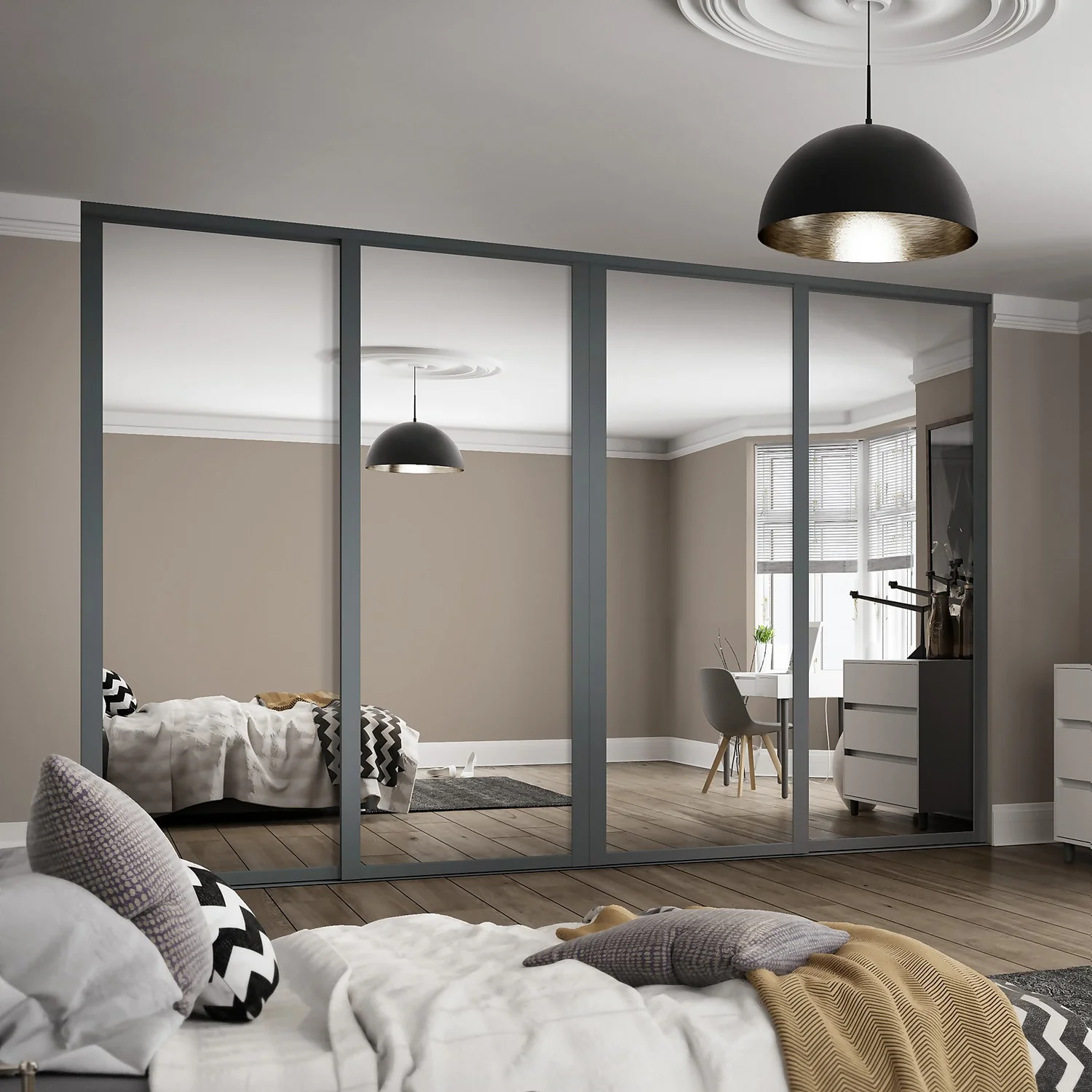 Shaker 4 Door Sliding Wardrobe Kit Mirror With Graphite Frame (W)2290 X (H)2260mm - Image 2